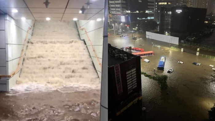 Mưa lớn gây ngập lụt đường phố ở Seoul