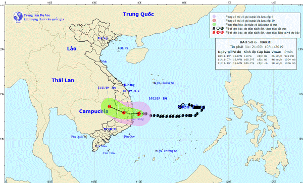 23 giờ ngày 10/11, bão số 6 đã suy yếu thành áp thấp nhiệt đới