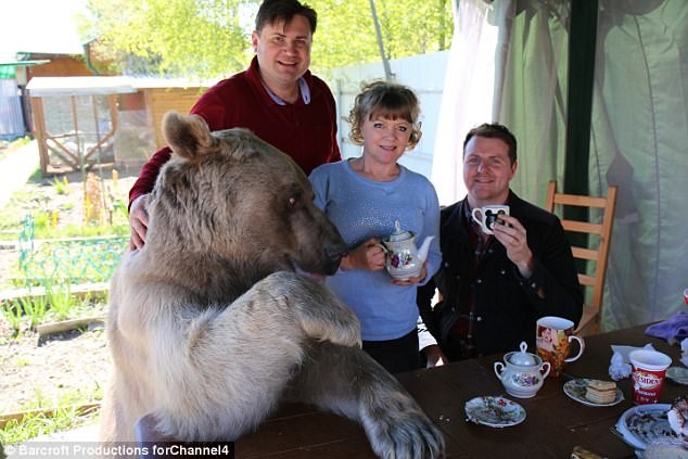 Đạo diễn Ross Haley (phải) cùng với gia đình Panteleenko và chú gấu Stepan