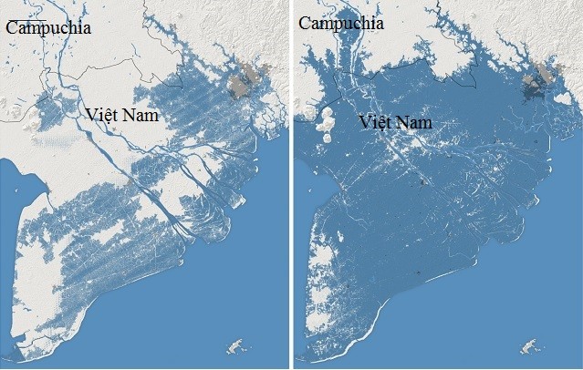 Bản đồ trước đây dự đoán về vùng đất bị chìm dưới nước vào năm 2050 (trái). Bản đồ theo nghiên cứu mới bên cạnh cho thấy phần cuối của Việt Nam sẽ chìm dưới nước khi thủy triều lên vào năm 2050.