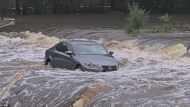 Một chiếc ô tô trong dòng nước lũ ở Australia.