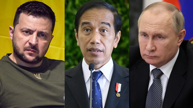 Tổng thống Ukraine Zelensky (trái), Tổng thống Indonesia Widodo (giữa) và Tổng thống Nga Putin.