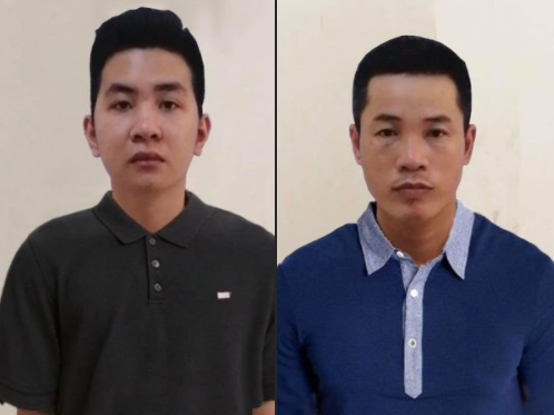 Nguyễn Mạnh Cường (trái) và Đinh Mạnh Tường tại cơ quan điều tra. Ảnh: Công an Hà Nội.