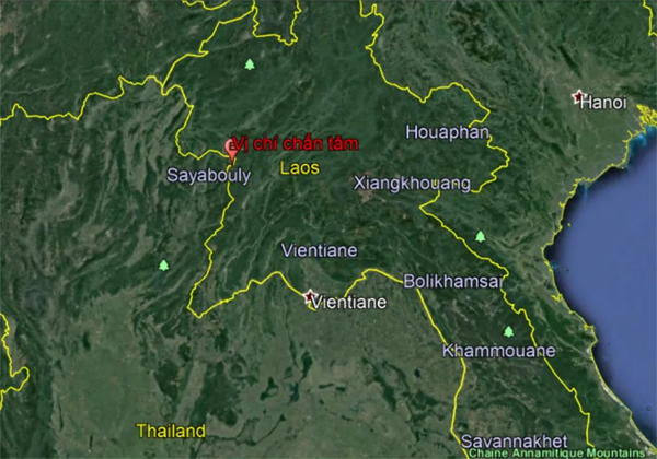 Bản đồ nơi xảy ra trận động đất tại khu vực biên giới giữa Lào và Thái Lan