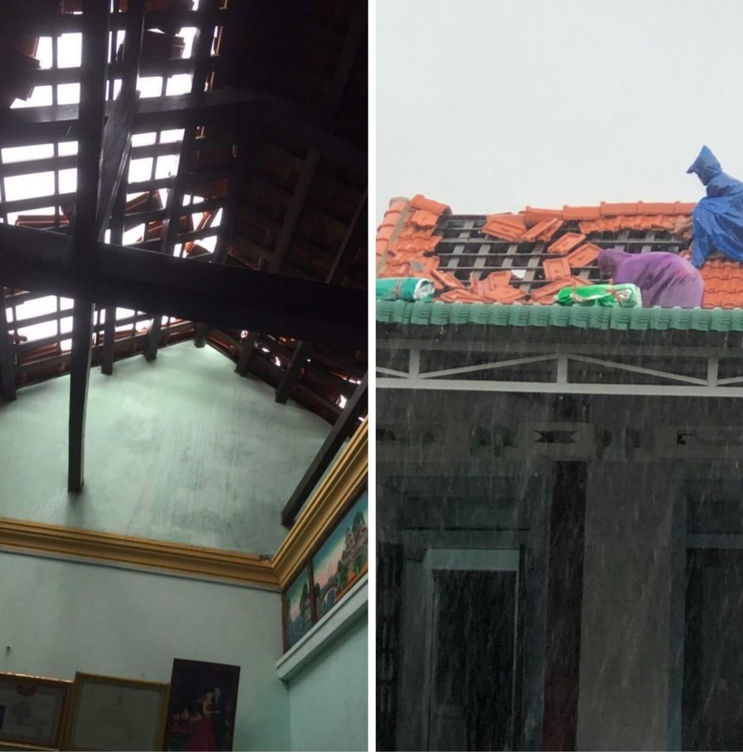 Người dân đang cố gắng lợp lại mái nhà trước khi bão số 5 đổ bộ.