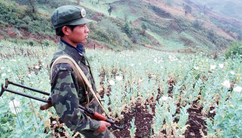 Một tay súng của lực lượng Quân đội Quốc gia thống nhất Wa trên cánh đồng hoa anh túc năm 1995