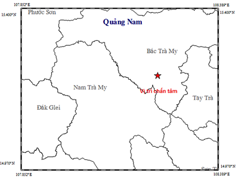 Vị trí tâm chấn của trận động đất vừa xảy ra ở huyện Bắc Trà My. (Ảnh: Viện Vật lí địa cầu)