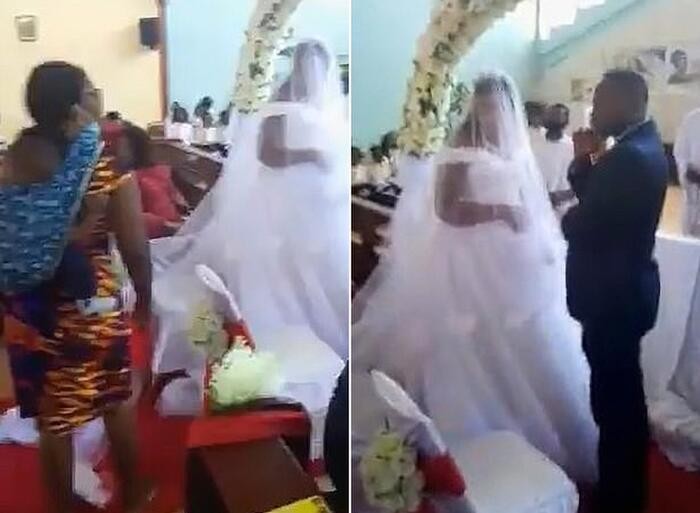 Chị Mubita mang các con xông vào hôn lễ của chồng. 