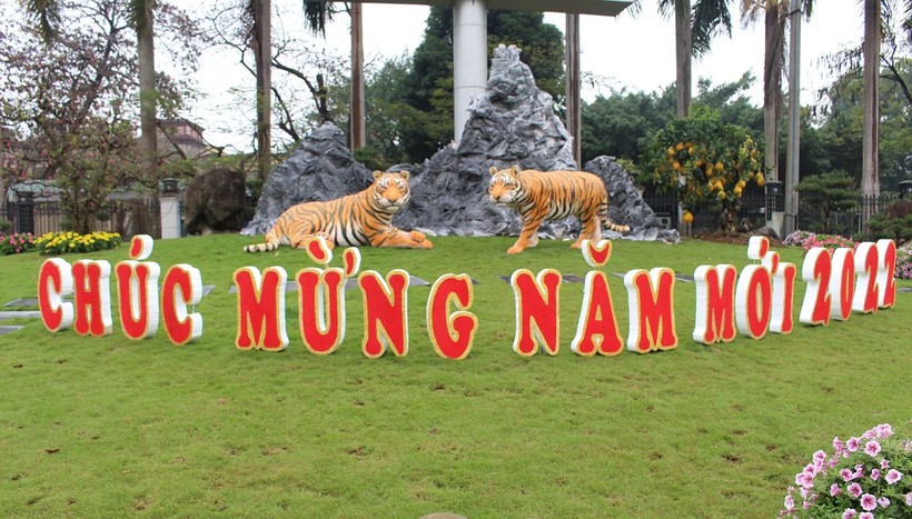 Tượng linh vật hổ đón xuân Nhâm Dần 2022 khiến ai cũng trầm trồ tại Thành phố Thái Nguyên.